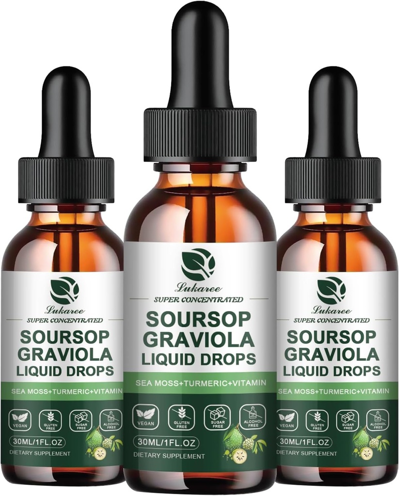 (3 Pack) Soursop Graviola Leaf Extract Liquid Drop Plus Pure Botanical Sea Moss til Cell Support & Regeneration, Immunitet, Lever, Gut & Antioxidant - Soursop Bitters Liquid, 90 Day Supply, 1 Fl Oz