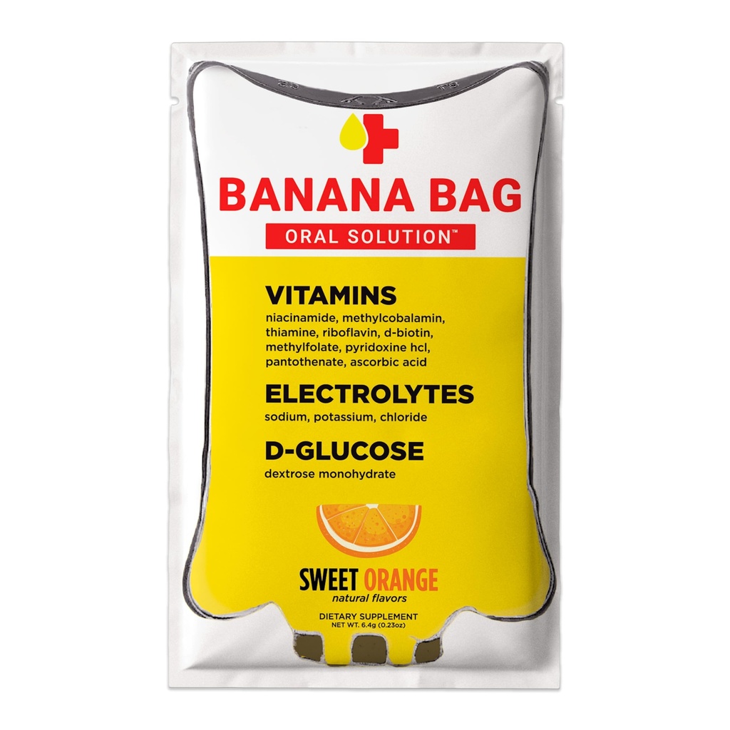 Bananpose Oral Solution Inddrivelse Pakker - Sweet Orange 30pk Budd124; En opfriskende blend af elektrolyter, C-vitamin, og B- kompleks til hydrering og energi. Praktisk, Easy- to- Mix, og perfekt til enhver livsstil.