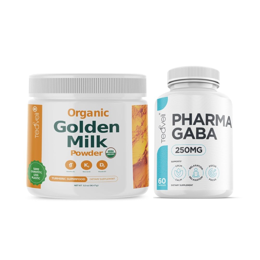 Teaveli Organic Golden Milk Powder with Vitamin D3 & K2 and Pharma GABA Supplement Bundle