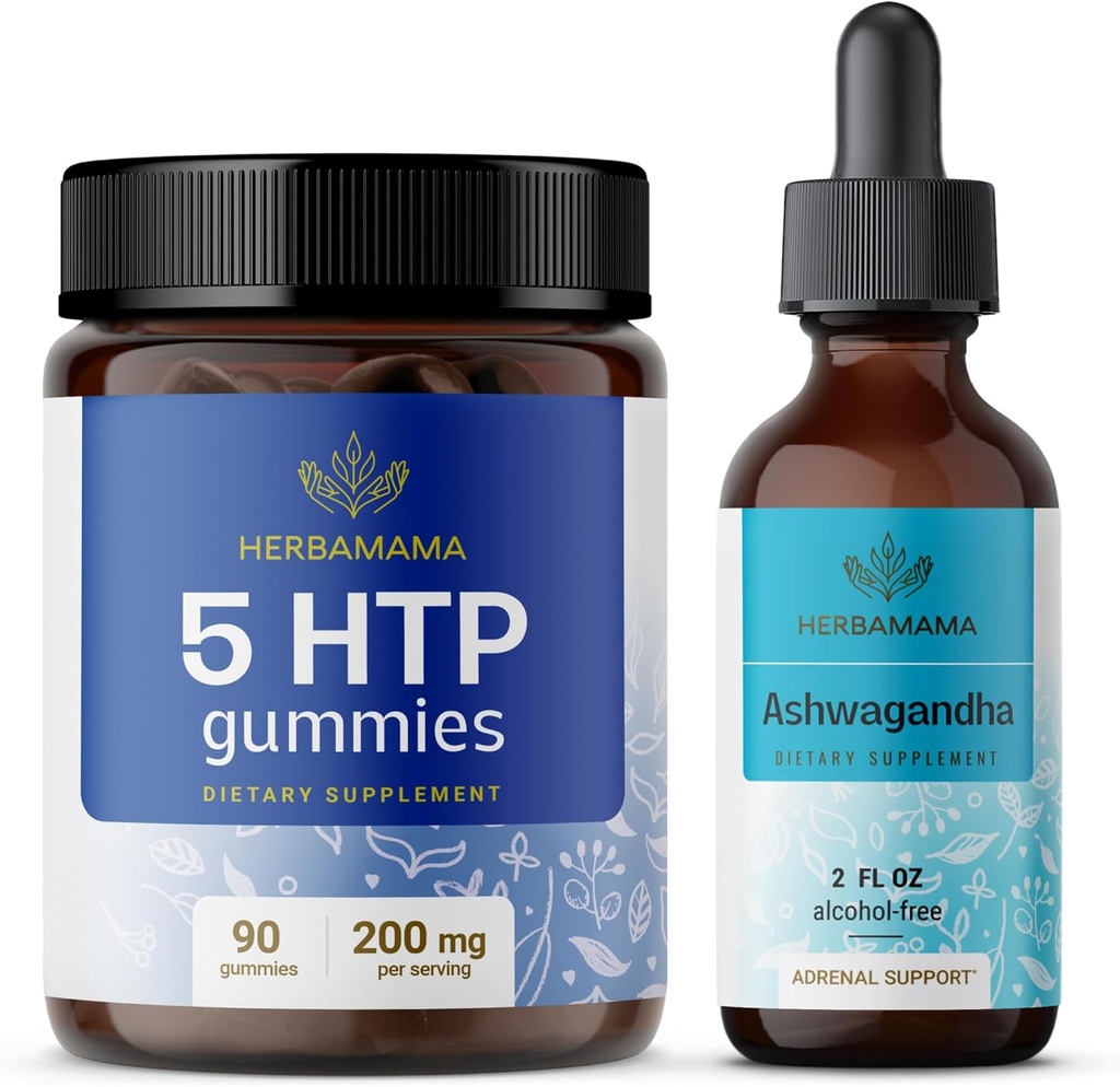 HERBAMAMA 5- HTP og Ashwagandha Kit - Bundle of 200 mg 5- Hydroxytryptophan Gummies & Ashwagandha Flydende dråber 2 fl oz - Vegan, Non- GMO, Alkohol & Gelatin- Free - 2 Pack