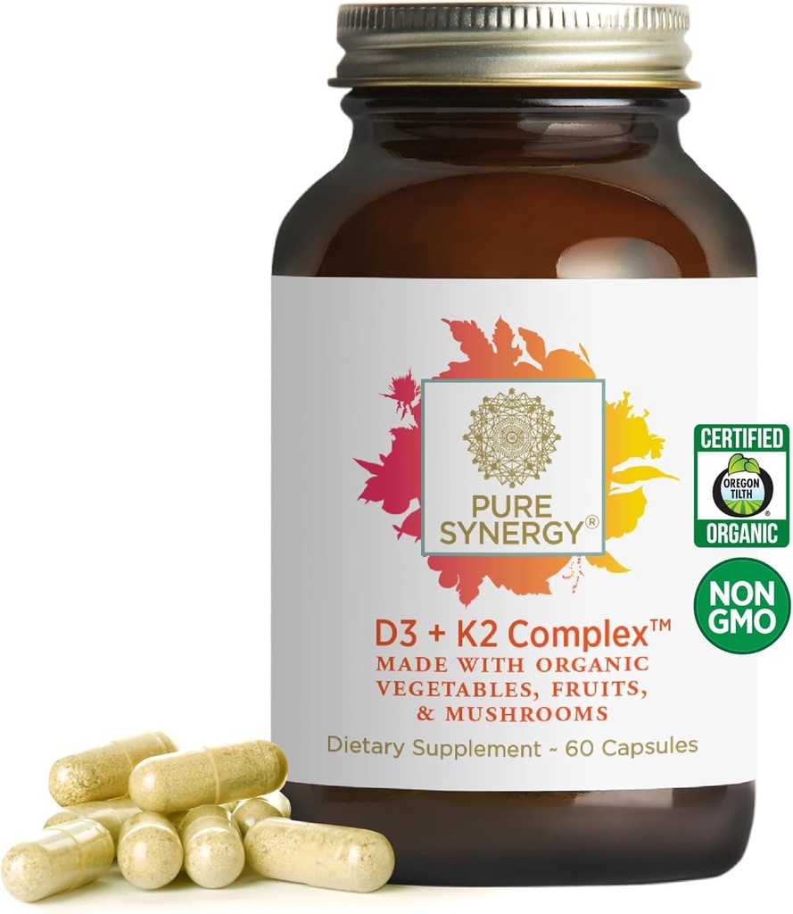PURE SYNERGY D3 + K2 sammensat af 124; Vegan Vitamin D3 K2 sammensat af 124; Organic D3 tillæg med vitamin K2 og K1 Plus Organic Whole Foods