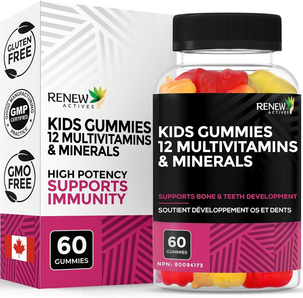 Renew Actives Kids Multivitamin 4 Gummies per Serving - Understøtter sundhed, hår, hud, negle, Eyesight, Stærke knogler, tænder & tandkød - Tasty & Nutrient- Rich for voksende børn - Made in Canada - 60 Gummies