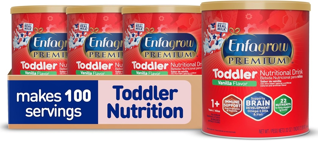 Enfagrow Premium Toddler Nutritional Drink, Vanilla Flavor, Omega-3 DHA til brain support, Prebiotika & vitaminer til immunsundhed, Powder Can, 32 Oz, pakke med 4