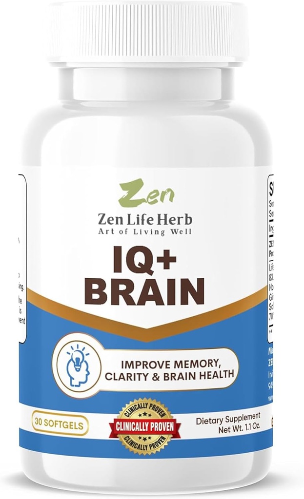 ZEN LIFE HERB IQ + Hjernefri, klinisk testet fokus, koncentration, hukommelse & energi, naturlige plantagebaserede urter supplement, ingen tilsat vitaminer / mineraler / champignon / sukker (30 Softgels)