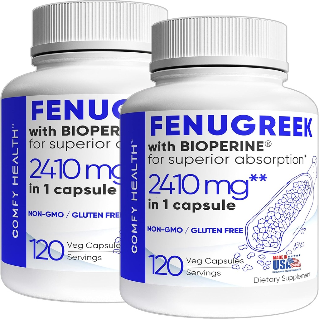 Fenugreek Capsules, 2410 mg, 240 Servings, Fenugreek Pills with Bioperine for Superior Absorption, Non-GMO, Gluten Free Fenugreek Seeds Extract Supplements, Fenogreco Capsulas