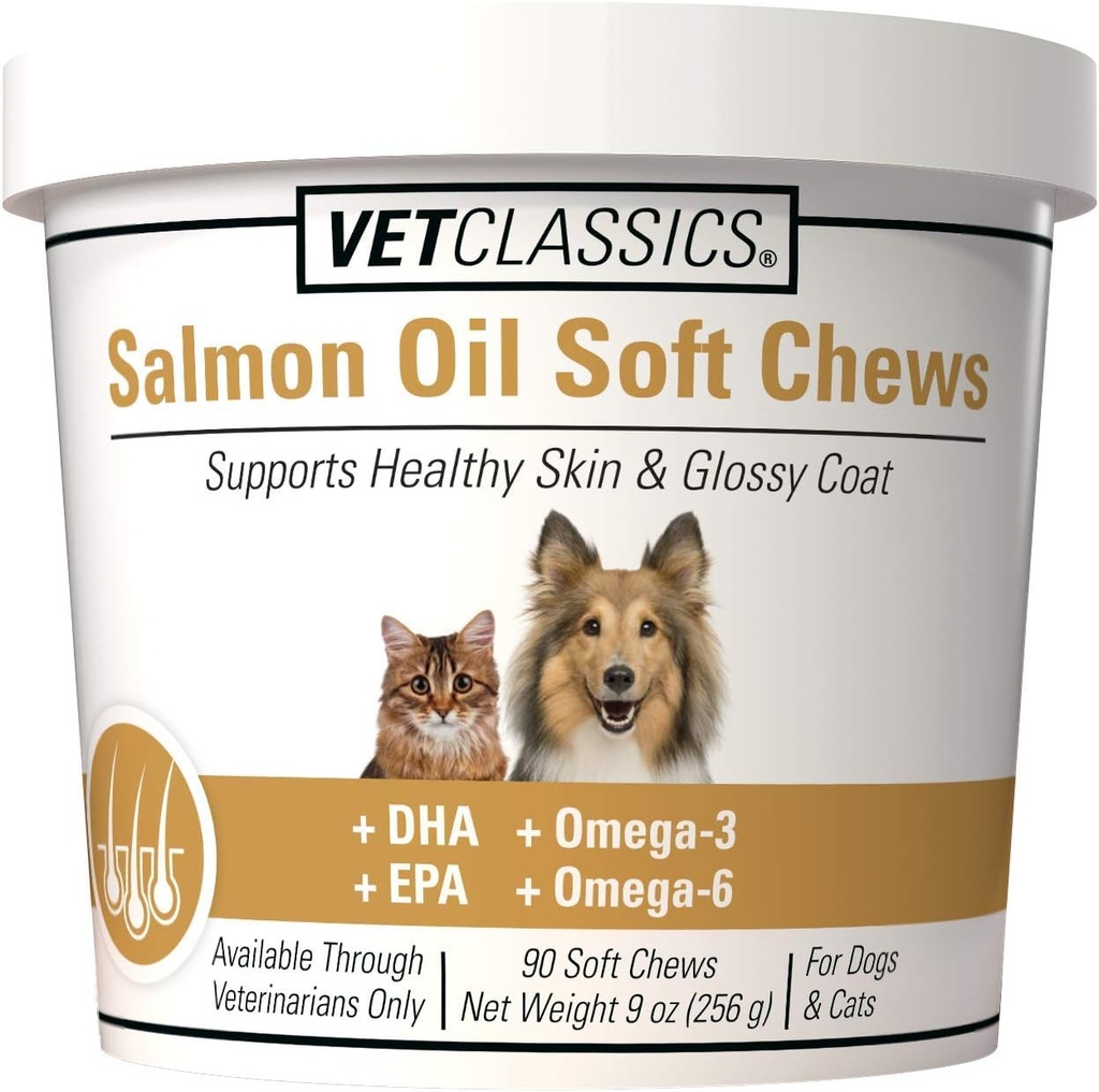 Vet Classics Salmon Oil Pet Supplement for sund hud, Glossy Coats - Hundecoat Supplement, Kat Skin Supplement - Inkluderer Omega-3, 6, 9, kilde til DHA, EPA - Soft Chews 90 Ct.