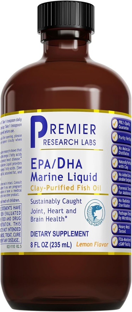 Premier Research Labs EPA / DHA Marine Liquid - Omega 3 Fish Oil Liquid, Omega 3 Liquid Fish Oil Supplement for voksne, Joint, Heart, & Brain Health Support - 8 Fl Oz flaske