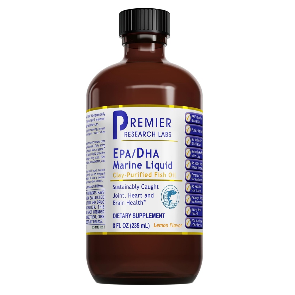 Premier Research Labs EPA / DHA Marine Liquid - Omega 3 Fish Oil Liquid, Omega 3 Liquid Fish Oil Supplement for voksne, Joint, Heart, & Brain Health Support - 8 Fl Oz flaske