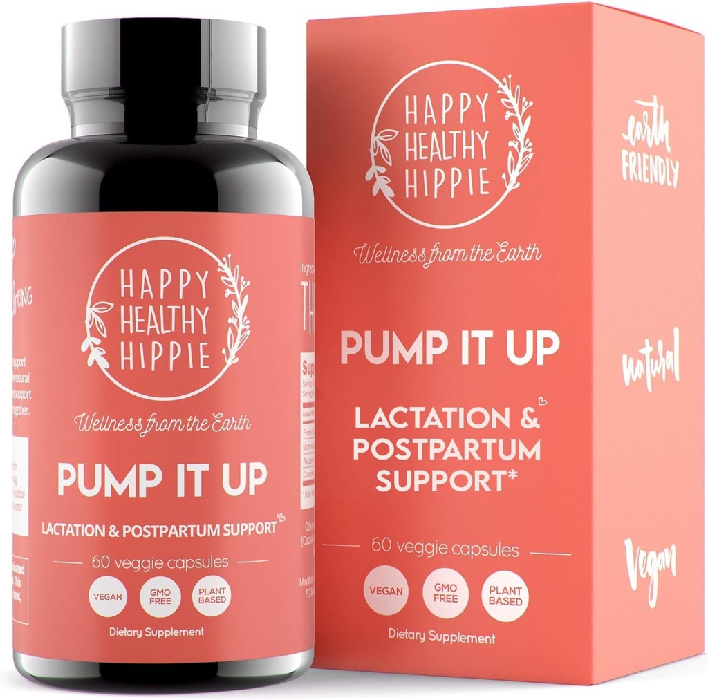 Happy Sund Hippie Pump It Up Amning Supplement - Postnatal Vitaminer til kvinder Amning 124; Understøtter Bryst Milk Tilgang Stigning 124; Fennikel Frø, Kamille, Modermælk, Raspberry Leaf