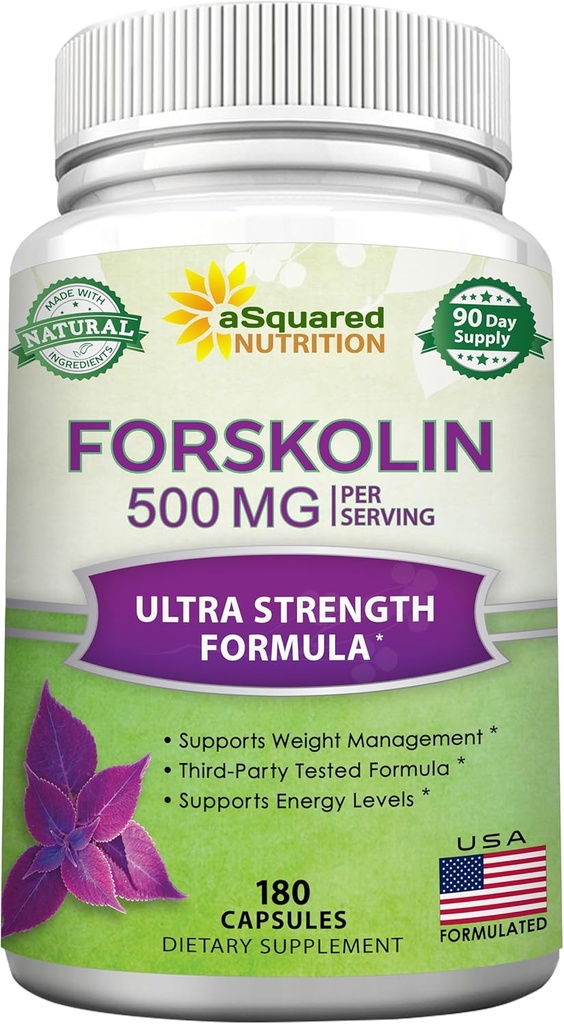 aSquared Nutrition Forskolin 500mg Max Strength- 180 Kapsler, Forskolin Supplement til ren vægttab brændstof, Coleus Forskohlii Root - Forskolin Diet Pills, Belly Buster Fat Burner 2X Slim Trim Lose