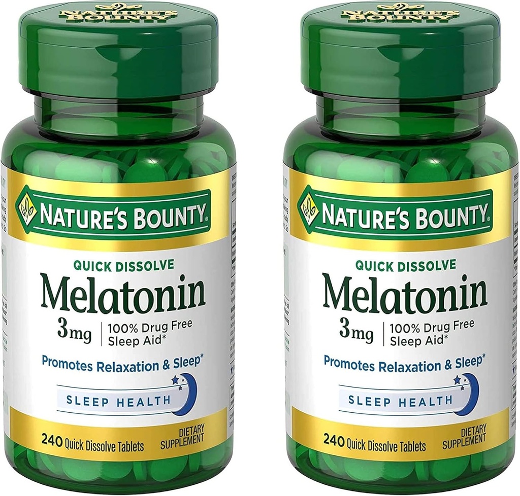 Nature 's Bounty Melatonin 3mg, 100% Drug Free Sleep Aids til voksne, Understøtter afslapning og søvn, Kosttilskud, 240 Greve (pakke med 2)