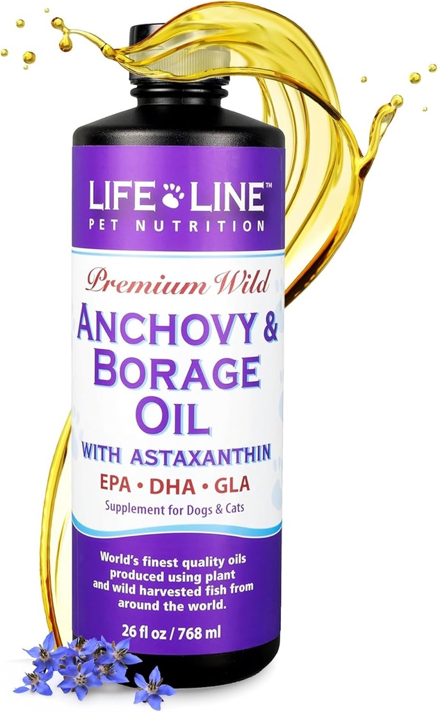 Livelin Wild Anchovy + Borage Oil for Dogs against 124; Omega- 6 GLA tillæg for hudsundhed, Allergier & Coat against 124; Reducerer afskalning, kløende & inflammation - 26 oz