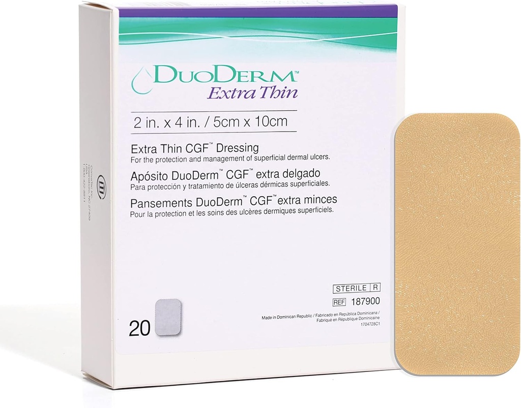ConvaTec DuoDERM Extra Thin Control Gel Formula 2"x4" Hydrocolloid Sterile Adhesive Dressing for Superficial Wounds, Low Friction, Flexibile, Latex-Free, Waterproof, Rectangle, Beige, 20ct Box