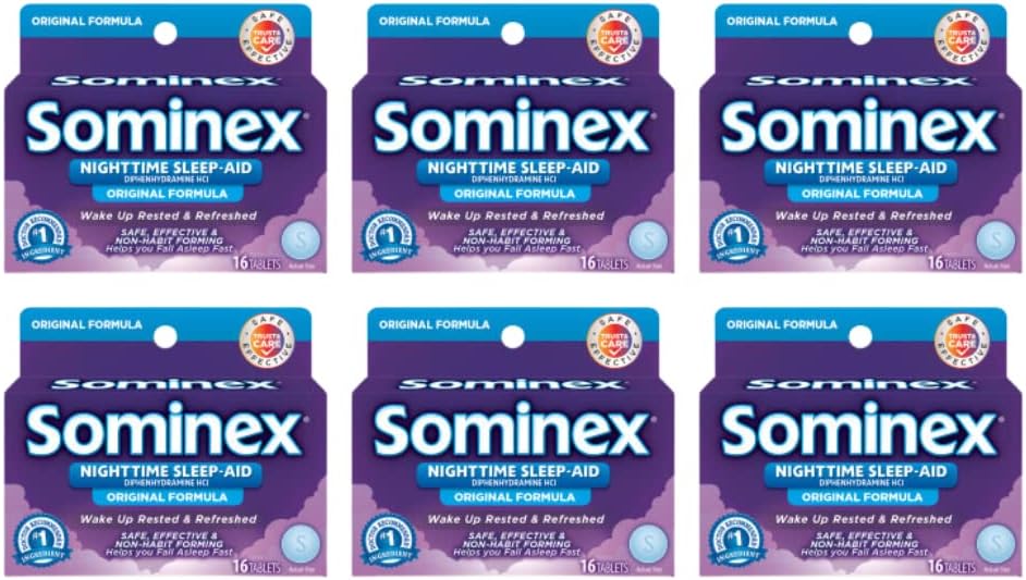 Sominex Nighttime Sleep- Aid with Diphenhydramin HCl 25 mg, Original Formel, 16 tabletter, (pakke med 6)