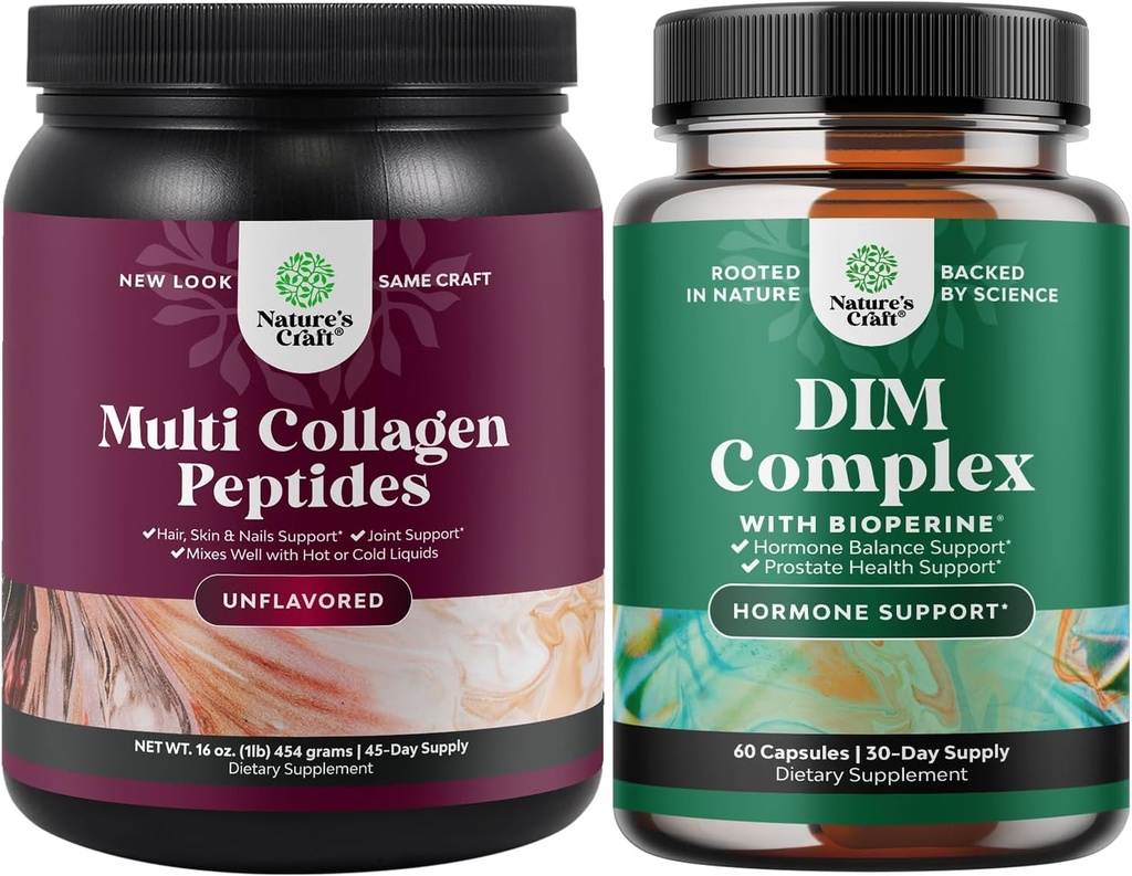 Nature Craft Bundle af Multi Collagen Protein pulver til kvinder og mænd - Hår hud og negle Vitaminer og DIM kompleks Mænd og kvinder Hormone Balance Supplement