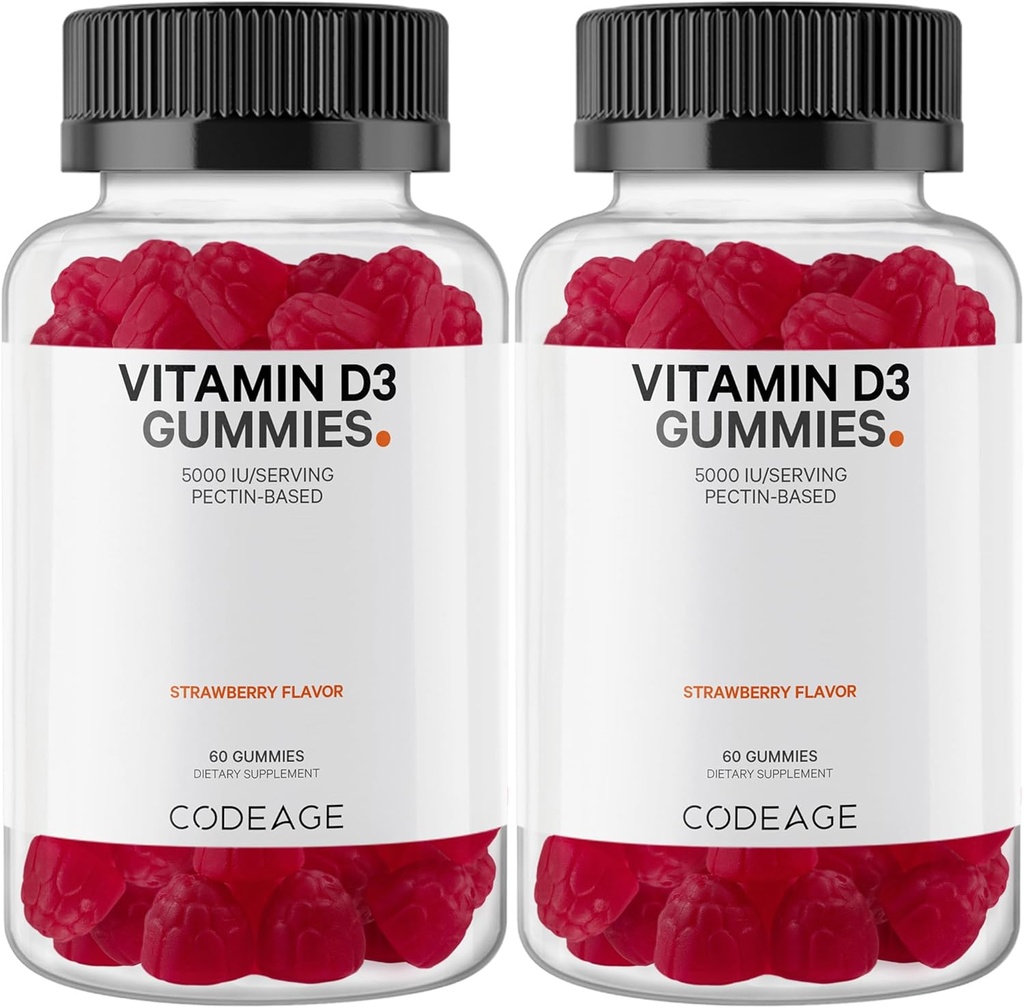 Kodeage D3 Gummy Vitamin, D3 5000 IE Gummies Cholecalciferol 125 mcg, Soft Pectin- based, Animal Gelatin- Free Gummy, Gummies Vitamin, Tasty Strawberry, Non- GMO - 2 - Pack