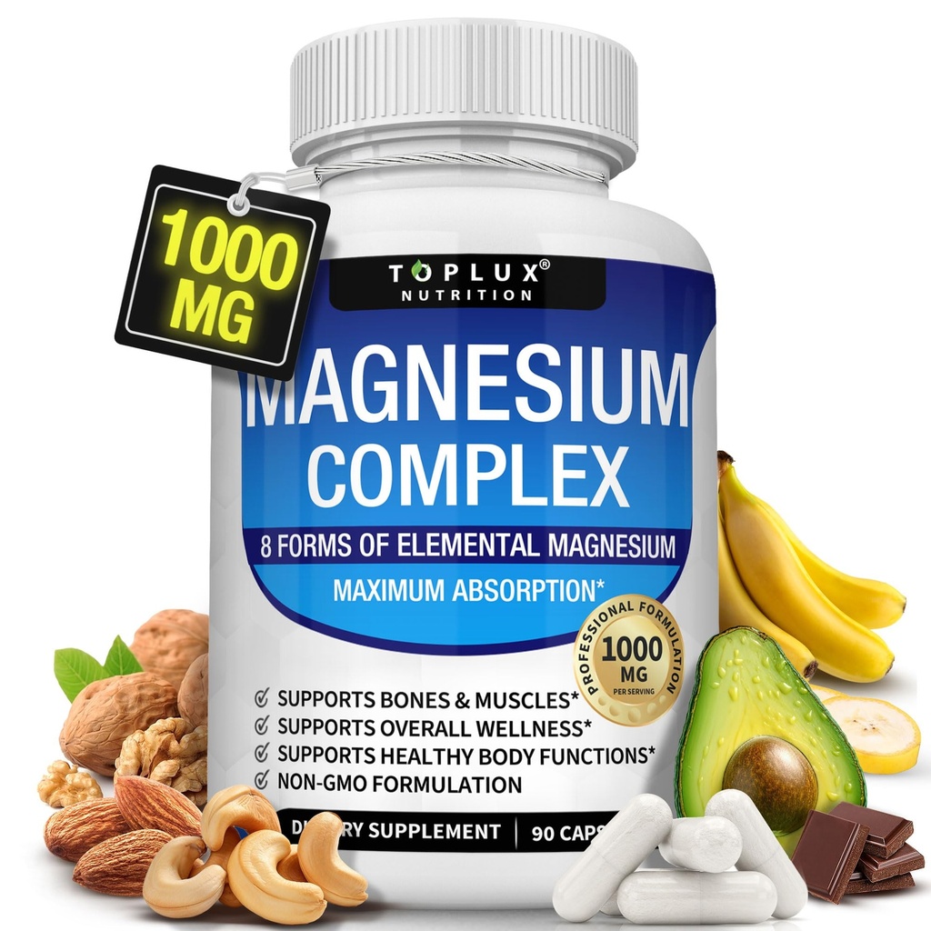 Magnesiumkompleks Supplement 8 Elementær 1000mg - Magnesiumglycinat, Citrat, Malat, Taurat, Chelated for Easy Absorption for Bones, Muscle, Recovery, Energy, Vegan Non- GMO 90 Kapsler