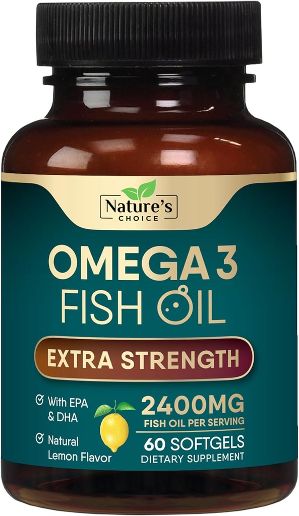 Omega 3 Fish Oil Supplement 2400 mg - Triple Strength EPA & DHA Fish Oil Omega 3, Essential Fedtsyrer Supplement Softgels, Brain & Heart Health Support, Gluten Free Non- GMO, 60 Softgels