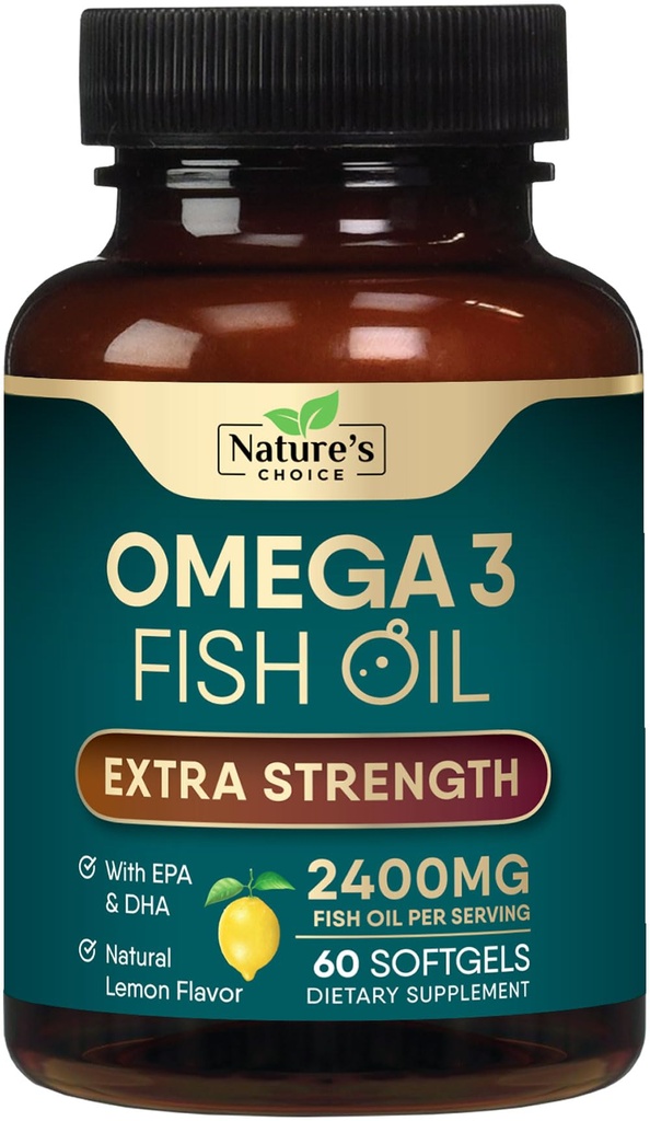 Omega 3 Fish Oil Supplement 2400 mg - Triple Strength EPA & DHA Fish Oil Omega 3, Essential Fedtsyrer Supplement Softgels, Brain & Heart Health Support, Gluten Free Non- GMO, 60 Softgels