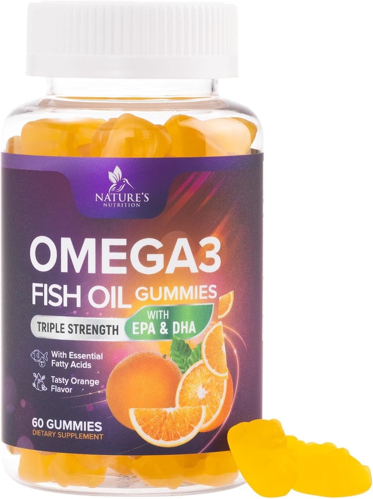 Omega 3 Fish Oil Gummies - Heart Health Support Omega 3 Gummies Supplement til voksne & Børn med høj Absorption DHA & EPA, Joint & Brain Support, Lækker Orange Flavor Fish Oil Vitaminer, 60 Gummies