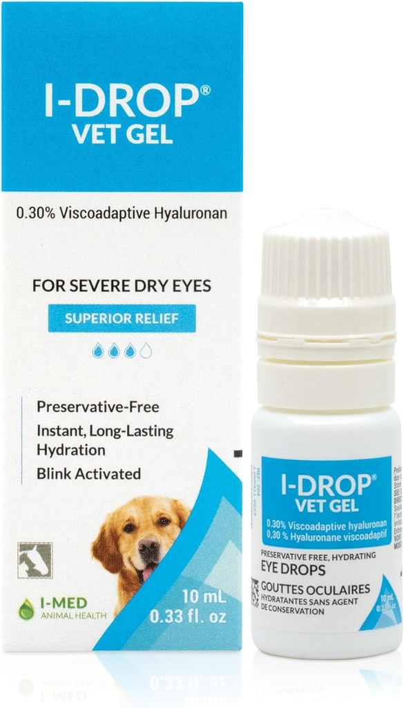 I- DROP Vet Gel: Pet Eye Dryps for Dogs against 124; Smøremiddel Akut / Sæsonbestemt tørvægt 124; Superior Comfort against 124; Long- Længere Relief 124; Færre ansøgning påkrævet, 0,30% Hyaluronan