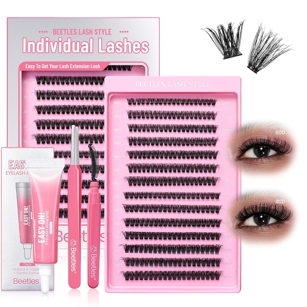 Beetles Lash Clusters Kit Love Expressing 60D 80D 9- 18mm Eyelash Clusters Kit 280pcs Individuel Lash Extension D Curl 3D Fluffy False Eyelash Extension DIY K009