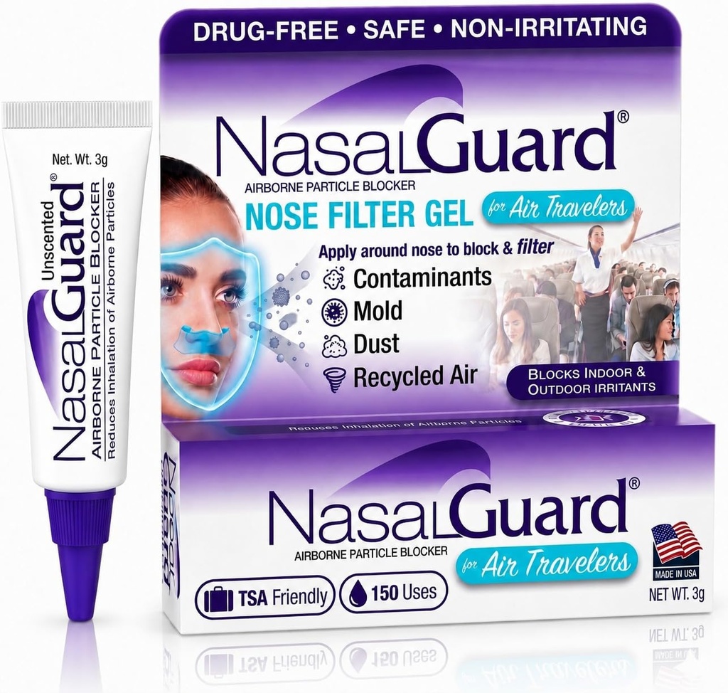 Airborne Particle Blocker Nasal Gel for Air Travelers - Drug- Free, Ikke-irriterende, Non- døsighed, Flyverejse Godkendt (uduftende) - Over 150 ansøgninger Per Tube (0.1 oz, pakke med 1)