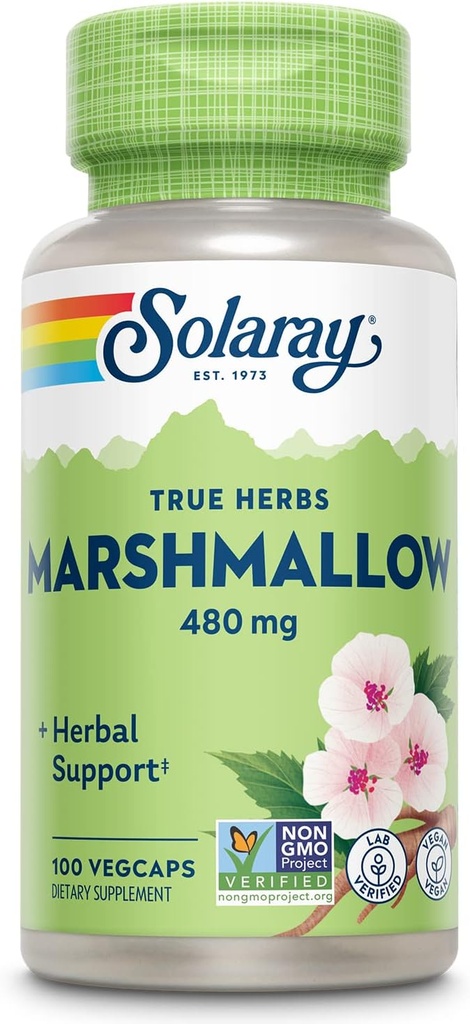SOLARAY Marshmallow Root Capsules 480 mg - Lindrende urtestøtte w / Hele Marshmallow Root - Høj i Mucilage Opløselige Fiber, Vegan, Non- GMO, Lab Verified, 60- Day Garanti, 100 Servere, 100 VegCaps