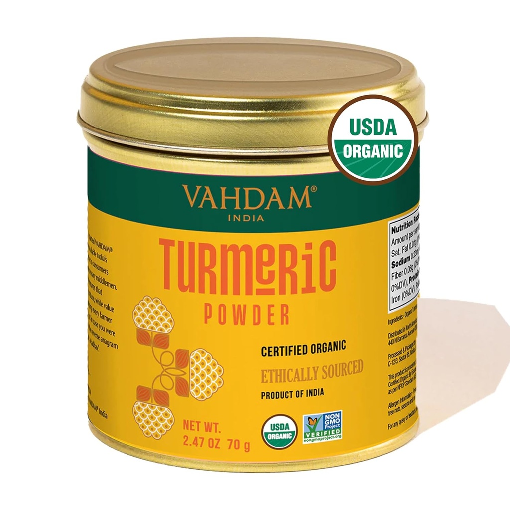 VAHDAM, Økologisk gurkemeje w / High Curcumin (2.47oz) USDA Organic, 100% Raw from India against 124; Gluten- Free, Non- GROMLE 124; Premium Quality & Aroma against 124; Single Origin Spice against 124; Direkte fra kilde
