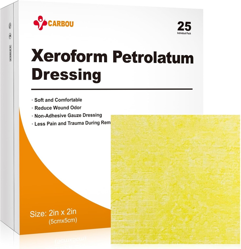Carbou Medical Xeroform Petrolatum Dressing 2 "x2", 25 Individuel Pack, Non-Adherent Gauze Pads, Soft Fine Mesh Gauze Patch for Sårpleje, Burns, Lektioner, Skin Grafts & Kirurgiske Incisions