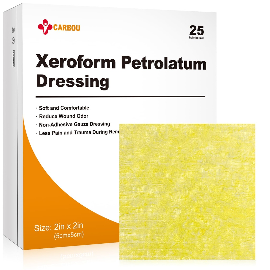 Carbou Medical Xeroform Petrolatum Dressing 2 "x2", 25 Individuel Pack, Non-Adherent Gauze Pads, Soft Fine Mesh Gauze Patch for Sårpleje, Burns, Lektioner, Skin Grafts & Kirurgiske Incisions