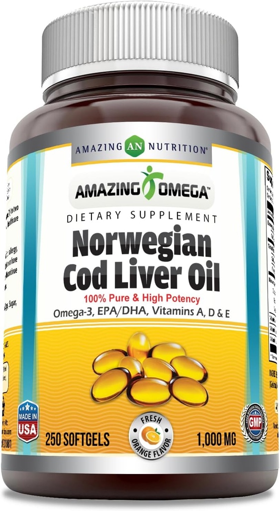 Amazing Omega Norwegian Cod Lever Oil 1000 Mg Softgels Supplement Note 124; Omega-3, EPA, DHA, Vitamin A, D & Vitamin E (Orange Beeg 124; 250 Tæl)