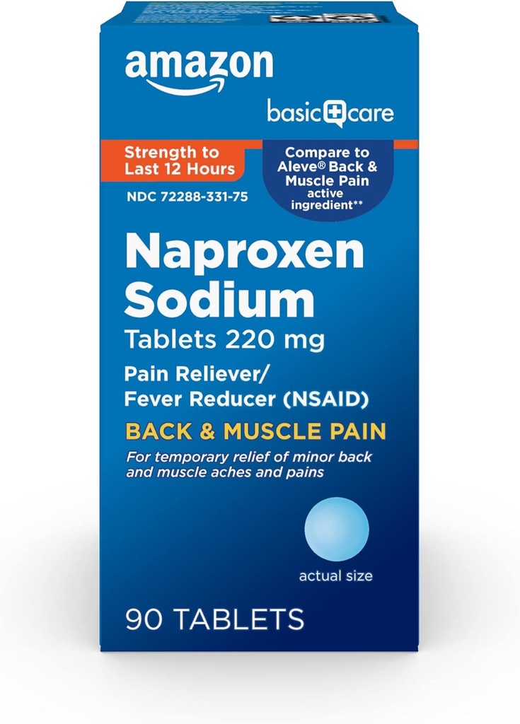 Grundlæggende pleje tilbage og muskelsmerter, 220 mg, 12- timers smertelindring, Naproxen natriumtabletter, smertelindring og feber Reducer, 90 Greve