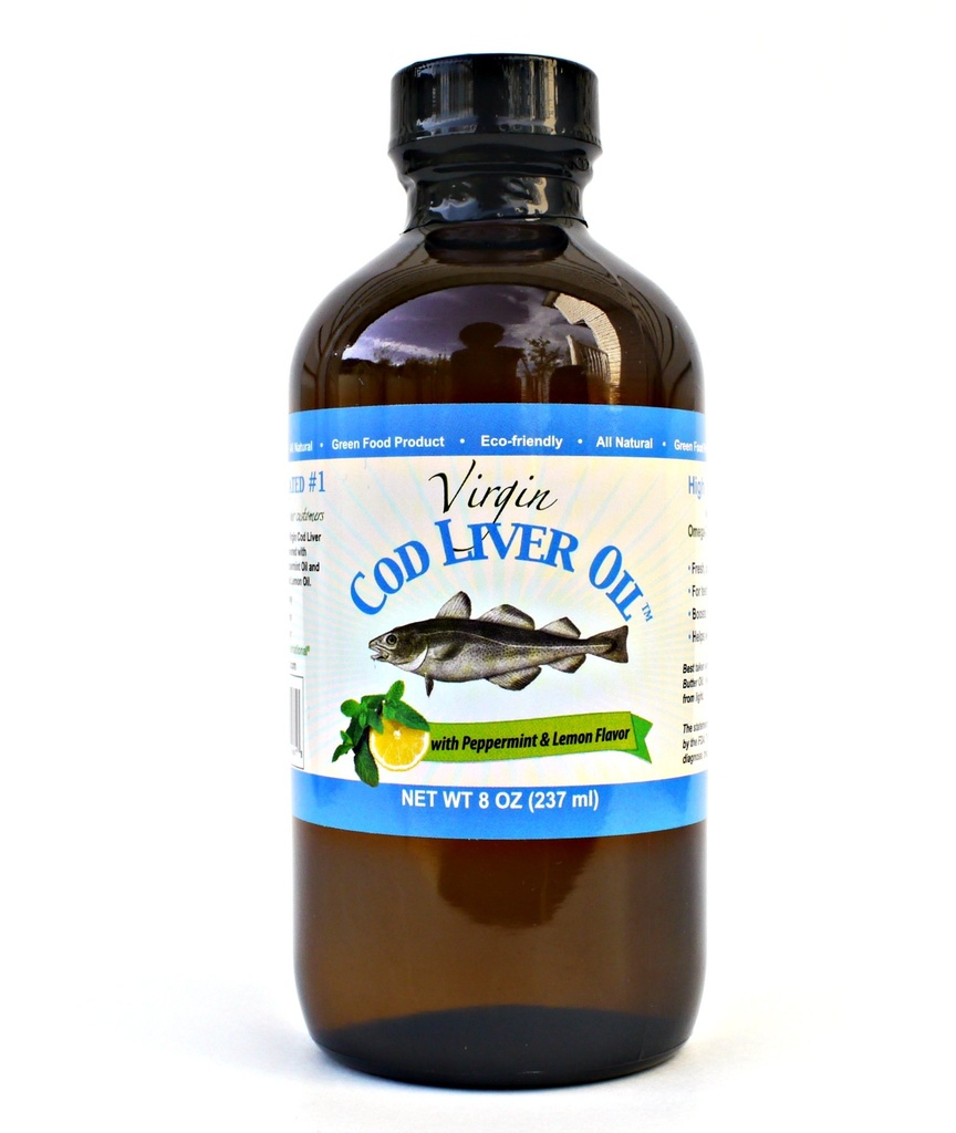 Jomfru torsk lever olie - 8 Fl oz Natural, bæredygtigt indkøbt, Wild fanget & Fresh Tasting. Høj i D-vitamin, Omega 3 DHA / EPA (Lemon og pebermynte smag)