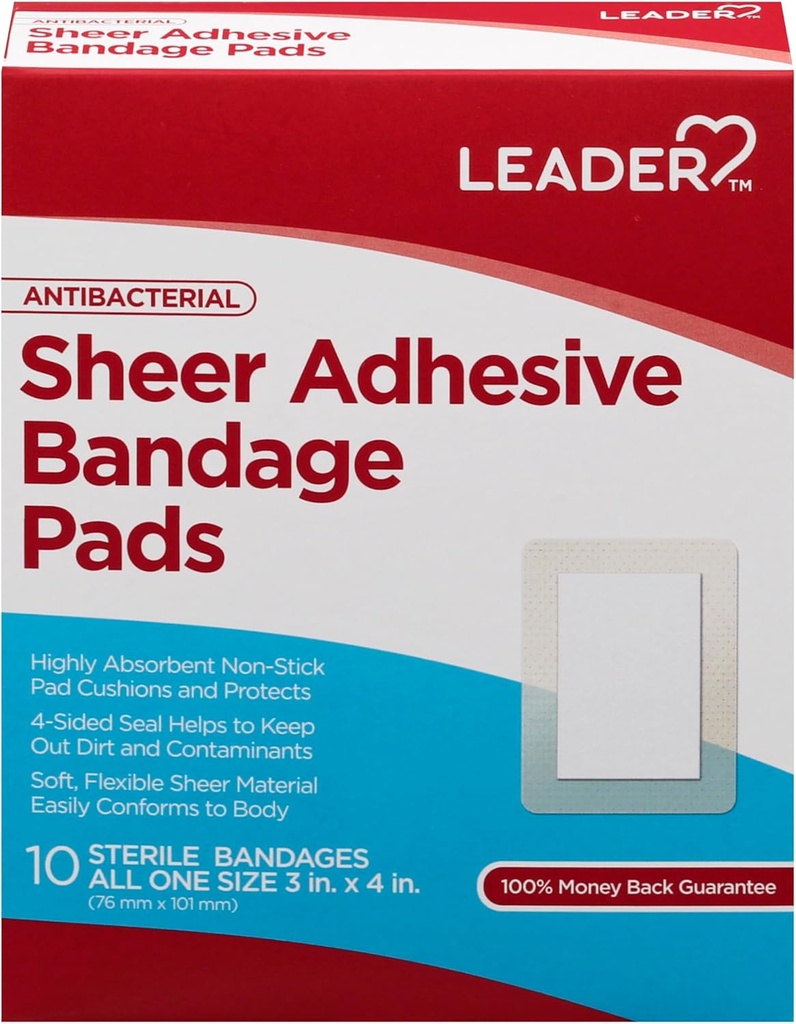 Leader Sheer Adhesive Bandage Pads, Pakker ofBlends med hud, Højt Absorbent Non- Stick Pad, for førstehjælp og Sårpleje beskyttelse, Sammenlign med Band- Aid, Alle en størrelse 3 / 4 "x 4", 100 ct.