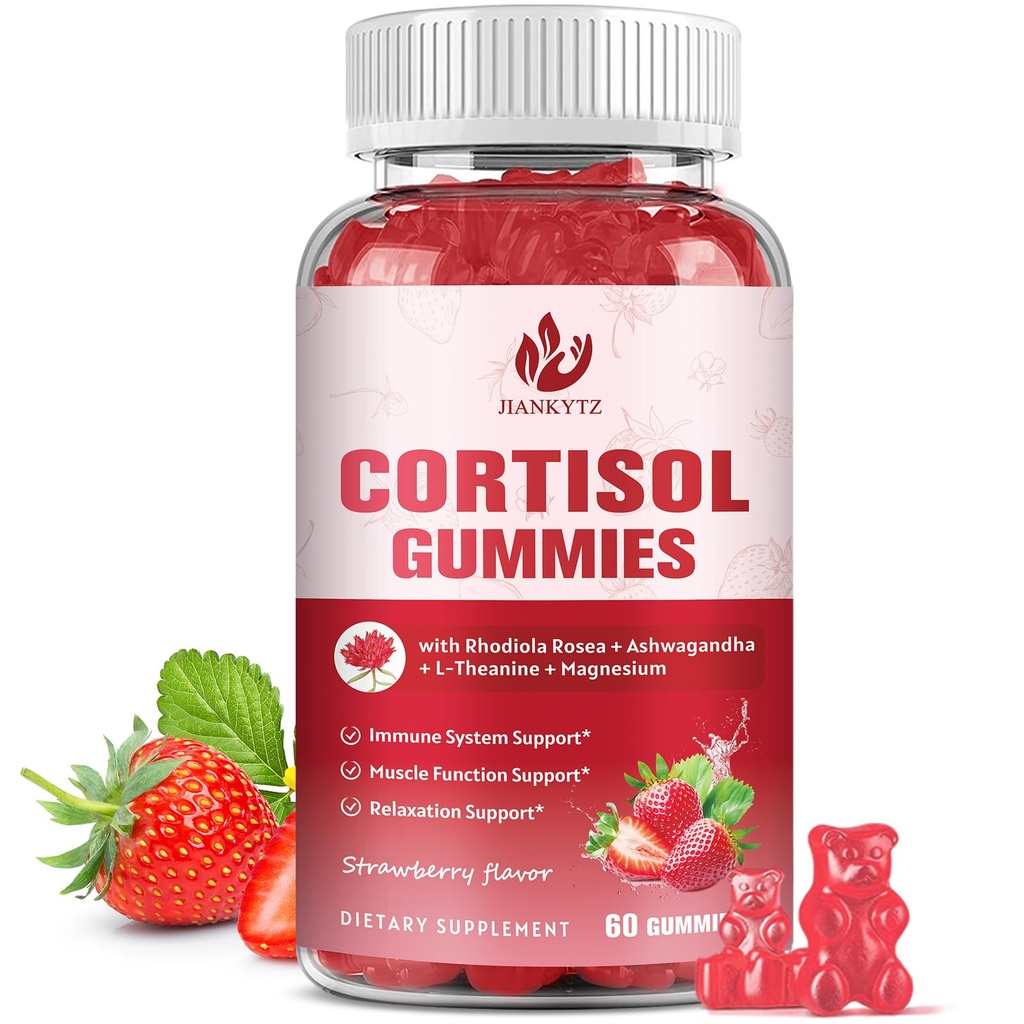 Cortisol Gummies til kvinder med Ashwagandha, Rhodiola Rosea, L-Theanin, Magnesium, D3-vitamin til Zzz Support, Balanceret Cortisol, Vegan, 60 Gummies