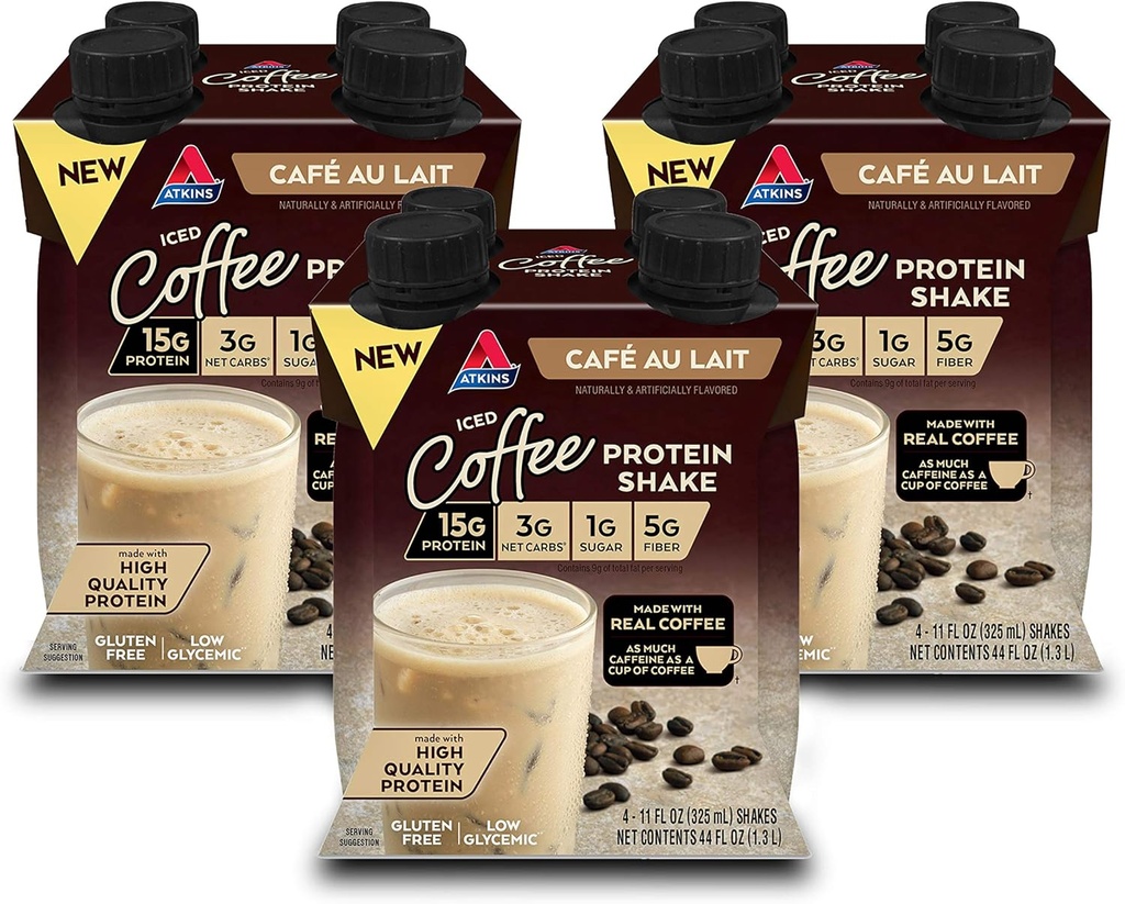 Atkins Café au Lait Iced Coffee Flavored Protein Shake, High Protein Shake, Low Sugar, Low Carb og Low Sugar, Keto Friendly, Gluten Free, 12 Greve