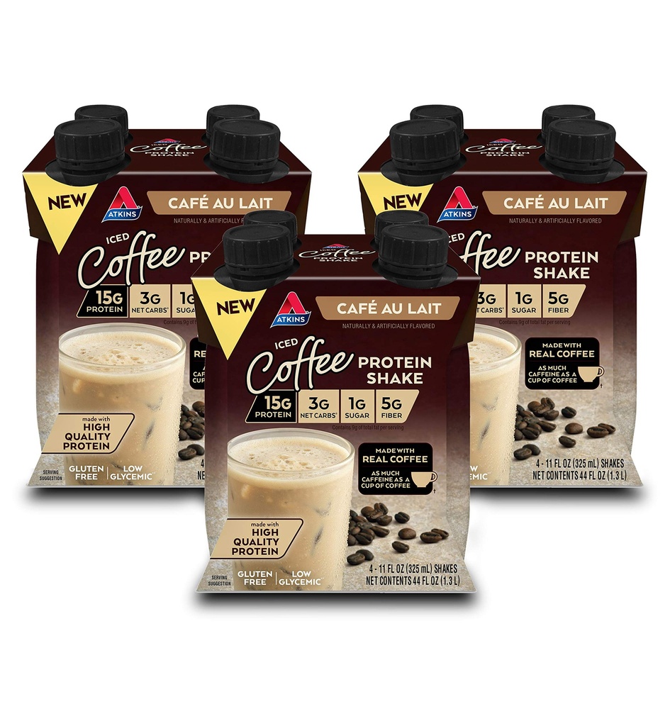 Atkins Café au Lait Iced Coffee Flavored Protein Shake, High Protein Shake, Low Sugar, Low Carb og Low Sugar, Keto Friendly, Gluten Free, 12 Greve