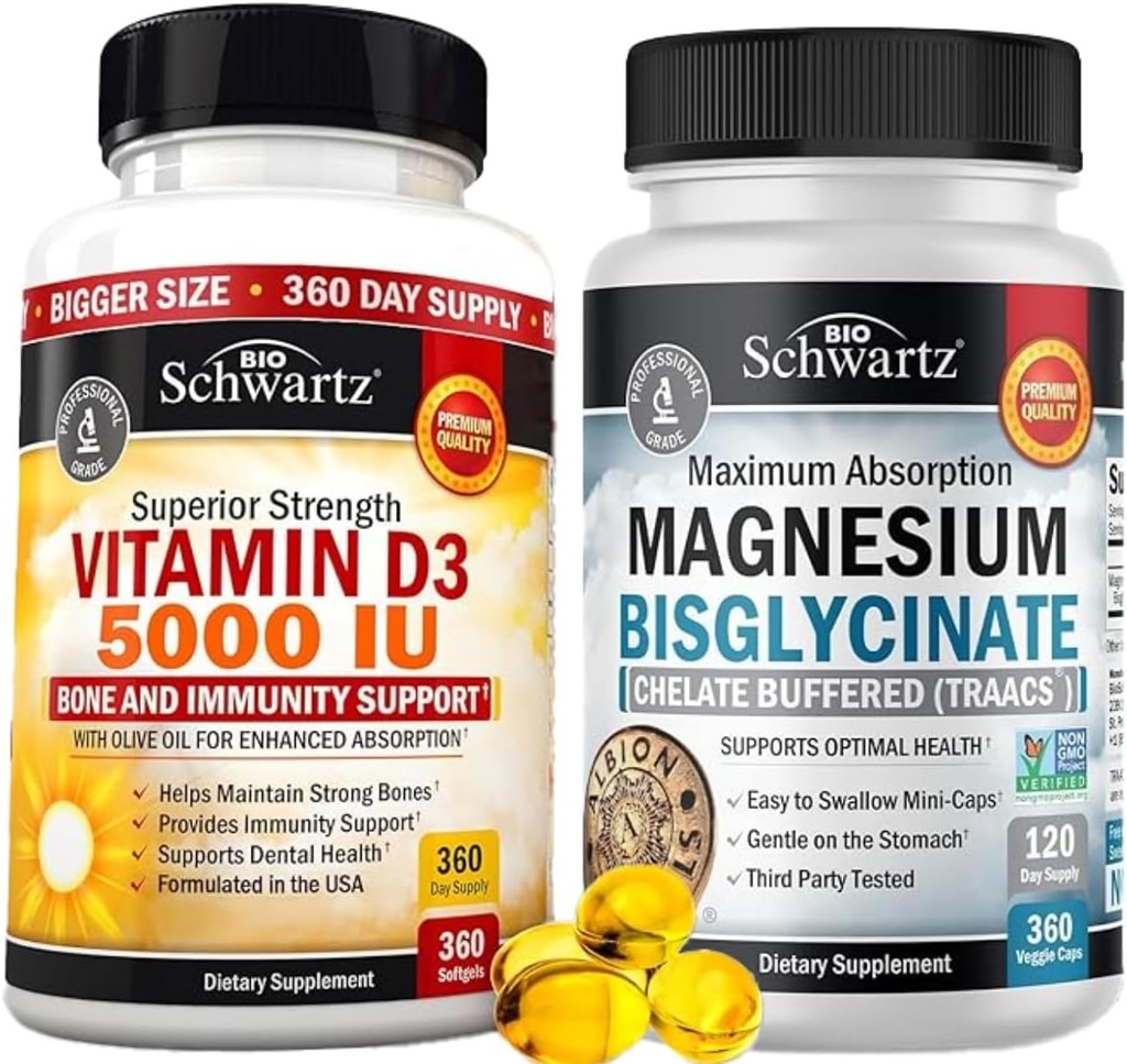 High Strength Vitamin D3 5000 IU 125 mcg (1 Year Supply) Plus High Absorption Magnesium Bisglycinate Capsules (4 Month Supply)