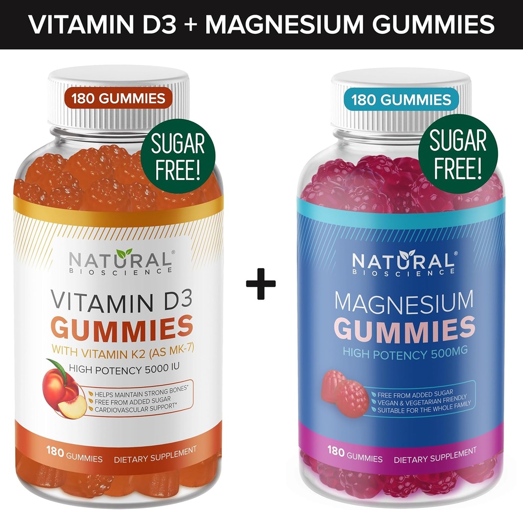Sugar Free Vitamin D3 K2 Gummies (180 Gummies) og Sugar Free Extra Strength Magnesium Gummies (180 Gummies), Vitamin D3 Gummies 5000 IE + K2 MK7 80 mcg, Magnesium Citrate Gummies 500 mg