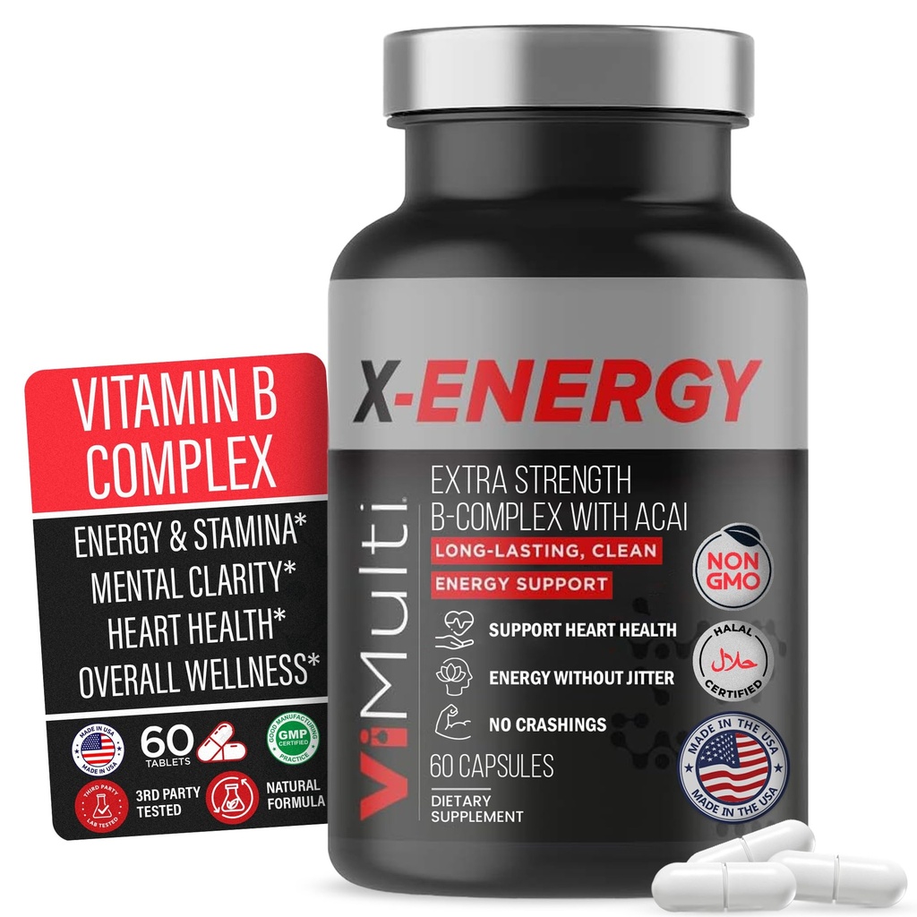 X- Energy Extra Strength B Complex with Coffein & Vitamin B12 - Energy Support with B1, B2, B3 Niacin, B6, Folinsyre, Biotin, B5, Taurine, Ginseng, Rhodiola, Maca, Acai & Spirulina - 60 kapsler