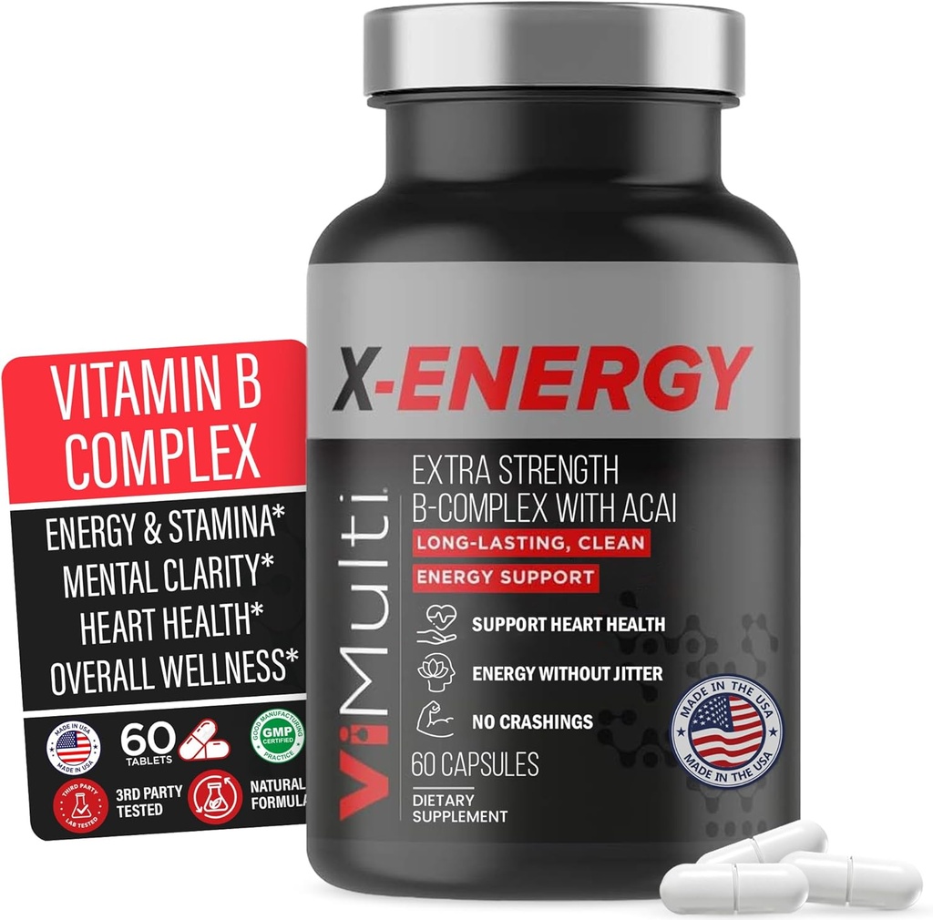X- Energy Extra Strength B Complex with Coffein & Vitamin B12 - Energy Support with B1, B2, B3 Niacin, B6, Folinsyre, Biotin, B5, Taurine, Ginseng, Rhodiola, Maca, Acai & Spirulina - 60 kapsler
