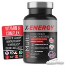 X- Energy Extra Strength B Complex with Coffein & Vitamin B12 - Energy Support with B1, B2, B3 Niacin, B6, Folinsyre, Biotin, B5, Taurine, Ginseng, Rhodiola, Maca, Acai & Spirulina - 60 kapsler
