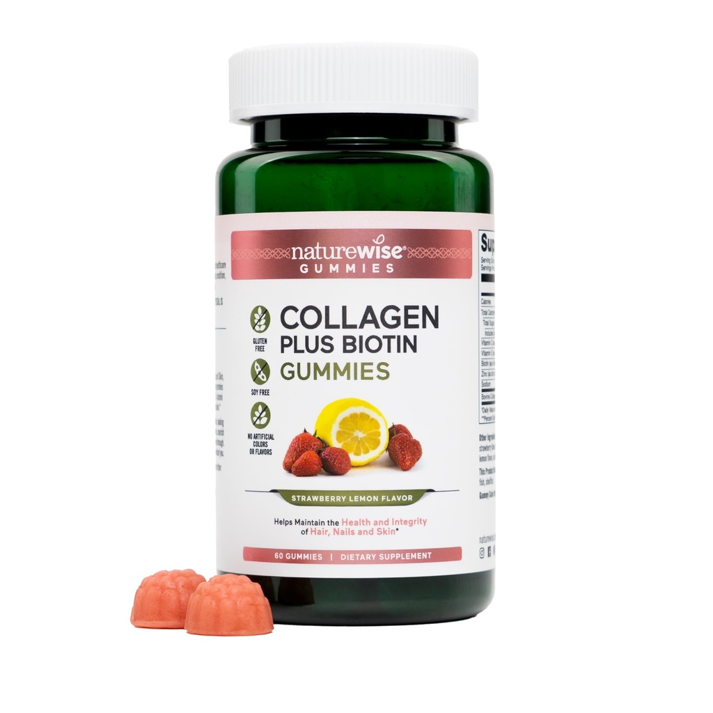 NatureWise Collagen Gummies - Hydrolyzed Collagen Gummies - Type 1 & 3 Peptider til kvinder + Biotin, C-vitamin, E, & Zink til hår hud og negle Support - 60 Greve [1-måned Tilgang]