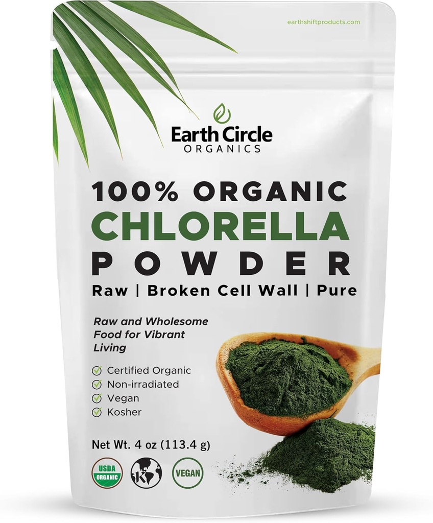 Earth Circle Organics Organic Chlorella Powder Superfood Mead124; Kosher Mead124; Broken Cell Wall Chlorophyll, Vegan, Super Green Algae, Clean Chlorella, High in Protein, Fiber & Amino Acids - 4oz