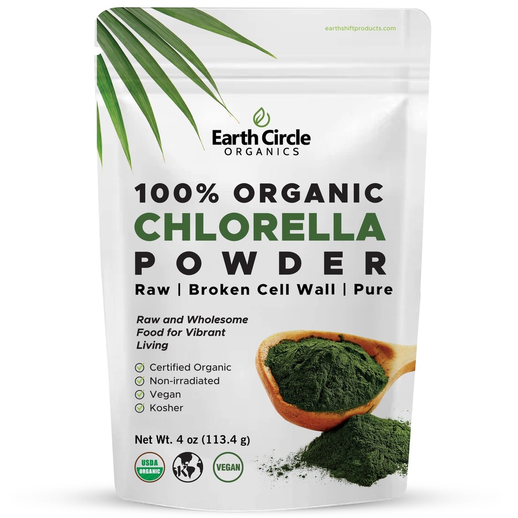 Earth Circle Organics Organic Chlorella Powder Superfood Mead124; Kosher Mead124; Broken Cell Wall Chlorophyll, Vegan, Super Green Algae, Clean Chlorella, High in Protein, Fiber & Amino Acids - 4oz