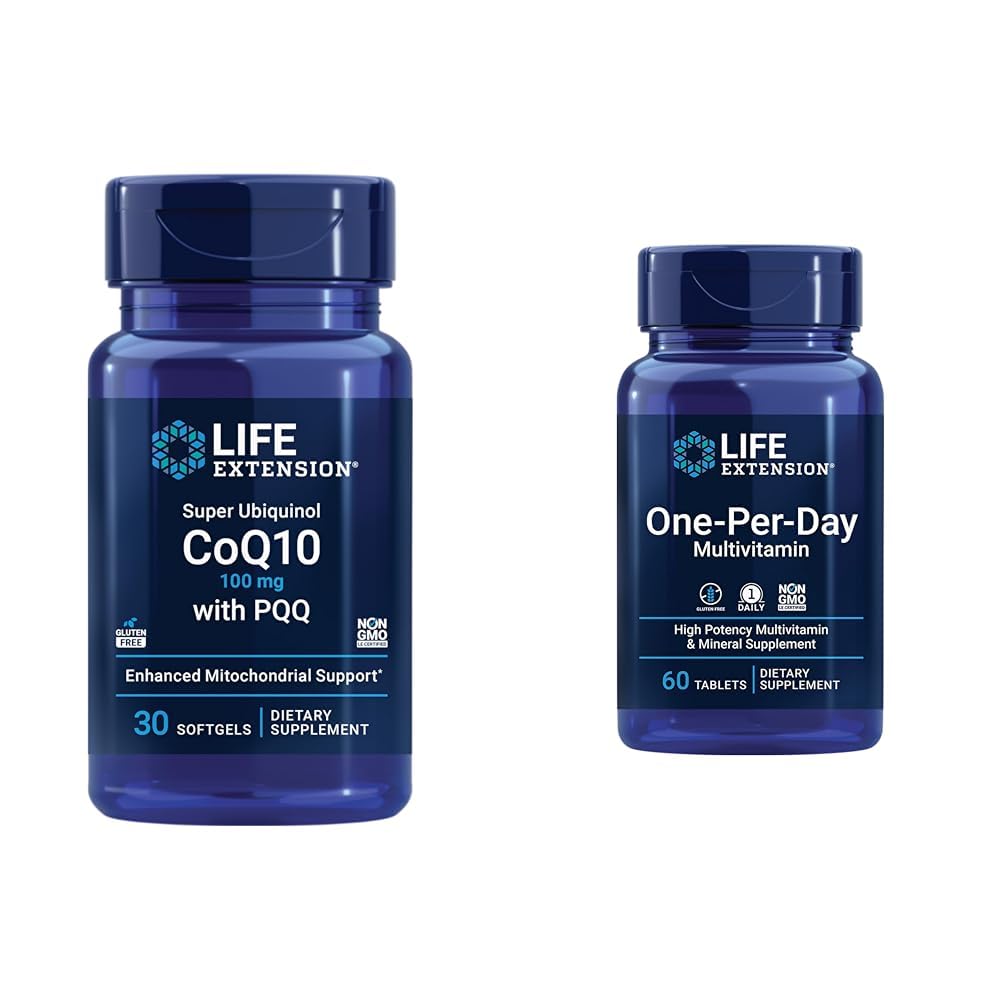 Life Extension Super Ubiquinol CoQ10 med PQQ, CoQ10, PQQ, shilajit, Heart Health & One- Day Multivitamin - Pakket med over 25 vitaminer, mineraler og planteekstrakter