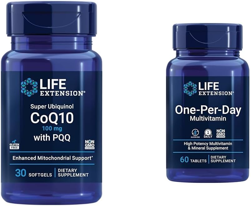 Life Extension Super Ubiquinol CoQ10 med PQQ, CoQ10, PQQ, shilajit, Heart Health & One- Day Multivitamin - Pakket med over 25 vitaminer, mineraler og planteekstrakter