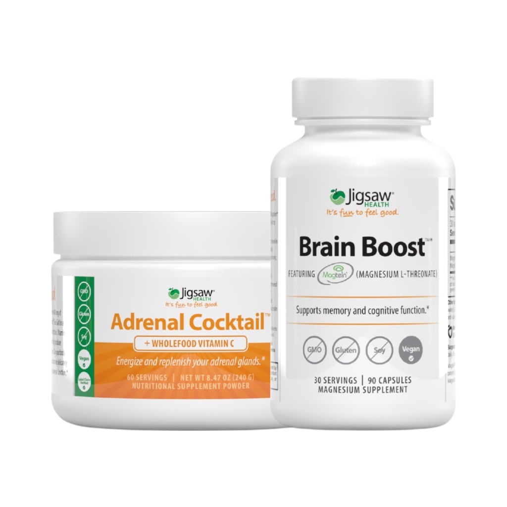Jigsaw Health Bundle, 124; Adrenal Cocktail, 60 Servere (Jar), og Brain Boost, 90 Kapsler