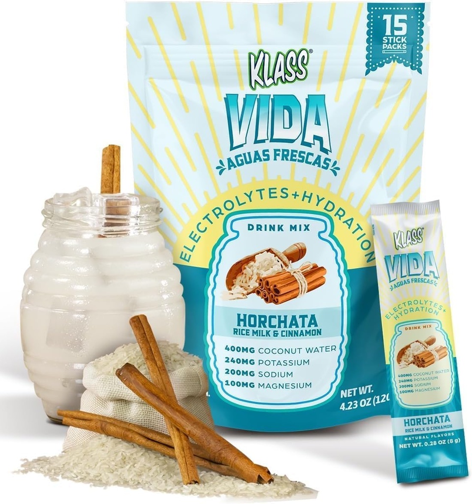 KLASS VIDA Electrolyte Drink Mix - Horchata Agua Fresca Flavor 124; sukkerfri hydrering pulver med kokos vand & mineraler; 124; 15 Single-Serve Stick Packs i genopladelige Pouch, Lav kalorie